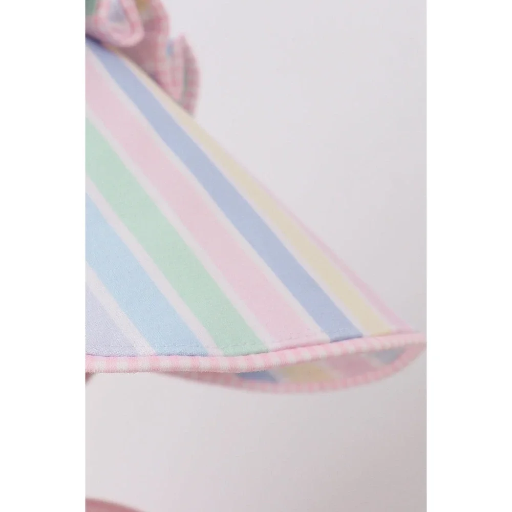 Pastel Rainbow Striped Sun Bonnet Pink Gingham Trim Wide Brim Tie Buttons NEW